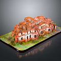 Scenic Model of Ruined Red Building with Green Grass on Display Base