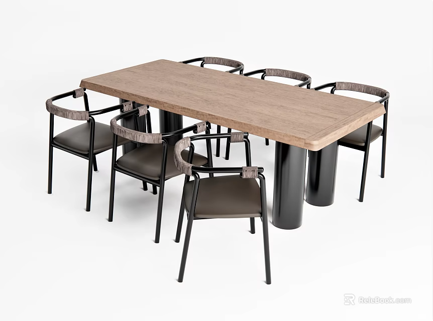 Modern Dining Table Set With Wooden Tabletop Black Legs And Six Leather Woven Back Chairs 3d model 