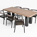 Modern Dining Table Set With Wooden Tabletop Black Legs And Six Leather Woven Back Chairs