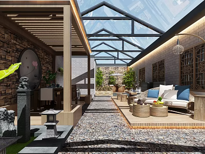 Elegant Courtyard Garden with Glass Skylight Wooden Beams Stone Walls Outdoor Sofa and Green Plants 3d model