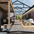 Elegant Courtyard Garden with Glass Skylight Wooden Beams Stone Walls Outdoor Sofa and Green Plants