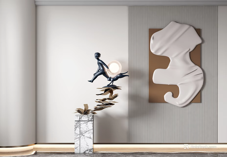 Modern Room With Black Figurative Sculpture On Marble Base And Wall Mounted White Abstract Sculpture 3d model 