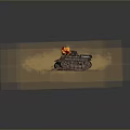 Military Battle Tank with Yellow Insignia Smoke Clouds Explosion Flames on Red Ground