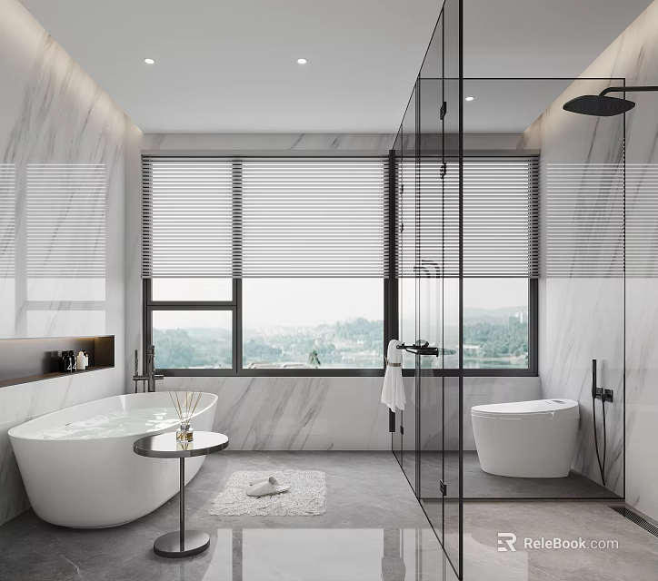 Modern Bathroom with Marble Walls Freestanding Bathtub Glass Shower Enclosure Toilet and Scenic Window 3d model 