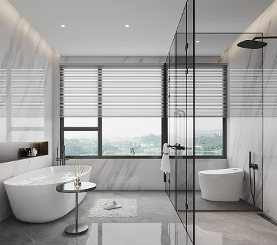 Modern Bathroom with Marble Walls Freestanding Bathtub Glass Shower Enclosure Toilet and Scenic Window 3d model