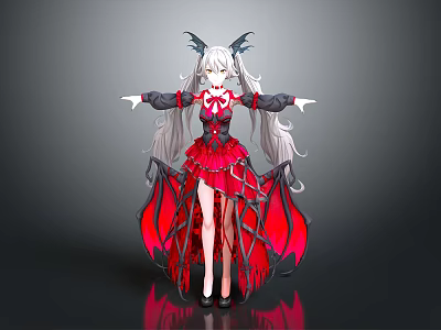 Anime Game Character With White Long Hair Black Horns And Red Gothic Dress 3d model
