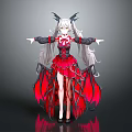 Anime Game Character With White Long Hair Black Horns And Red Gothic Dress