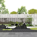 Modern Stone Scenic Wall With Green Trees Black Rocks Lawn And Paved Ground
