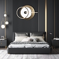 Black Leather Bed Retro Ink Bedroom Minimalist Leather Double Bed Bedside Cabinet Carpet Chandelier Wall Decoration Jewelry 3d model