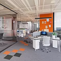 Modern Public Office Space With Orange White Reception Desk Bookshelves Large Windows And City View