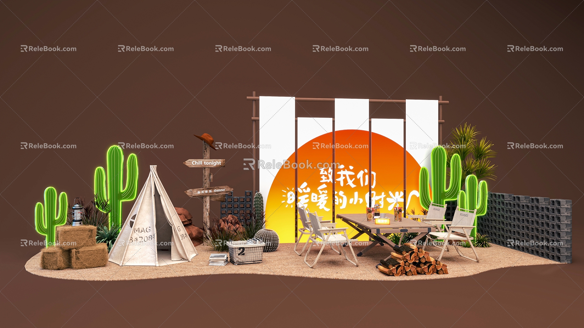 Sunset Desert Camping American-style Retro Desert Plant Cactus Sunset Camping Table and Chair Tent Desert Grass 3d model