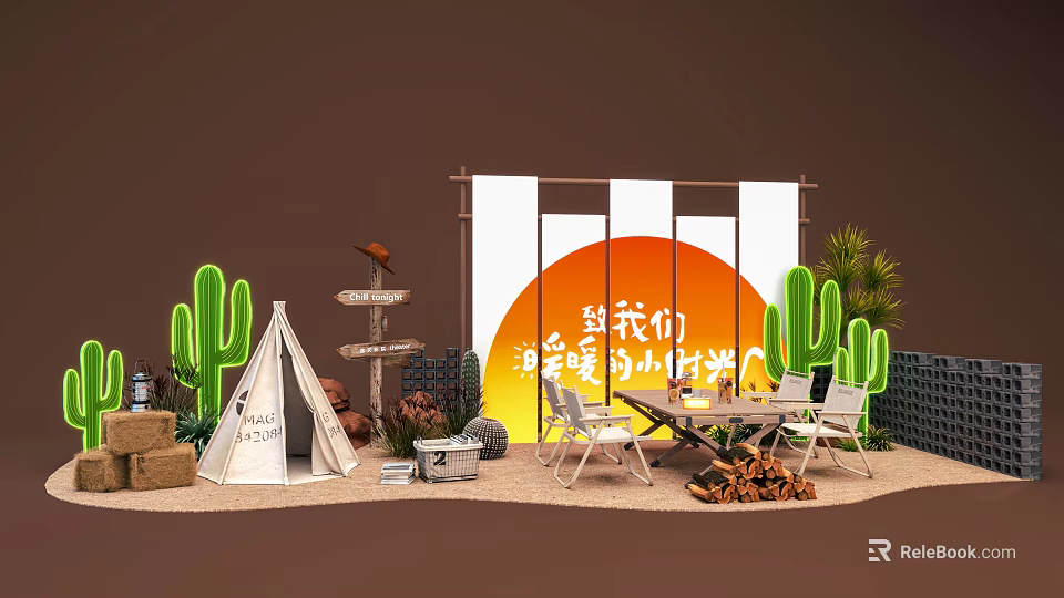 Outdoor Art Installation Featuring Canvas Tent Cactus Decorations Wooden Table And Chairs Sunset Backdrop 3d model 