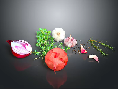 Fresh Vegetables and Herbs with Onion Garlic Thyme Rosemary and Pepper 3d model