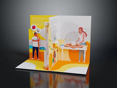 Open Brochure With Colorful Illustrations Featuring People And Various Scenes 3d model