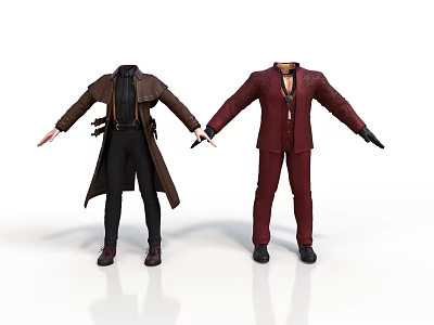 Two Characters in Brown Trench Coat and Red Suit Standing Holding Hands on White Background 3d model