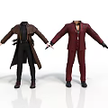 Two Characters in Brown Trench Coat and Red Suit Standing Holding Hands on White Background