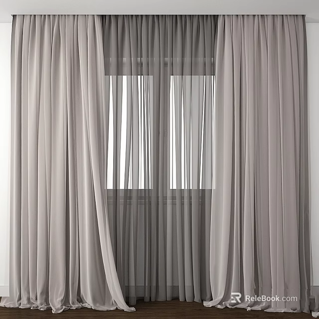 Light Gray Curtains Featuring Thick Outer And Sheer Inner Layers For Modern Window 3d model 