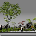 Indoor Landscape with Tall Tree Small Stones Moss Ferns Red Leaf Plants and Small Lights