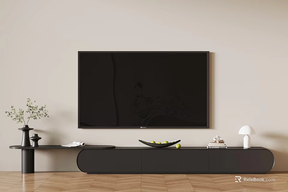 Modern TV Stand with Flat Screen TV Decorative Vase and Table Lamp in Living Room 3d model 