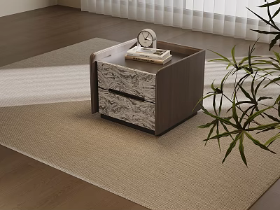 Modern Wooden Nightstand With Marble Drawer Top Clock Book And Potted Plant 3d model