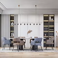 Modern Dining Table Set With Chairs Pendant Lights And Storage Cabinets 3d model
