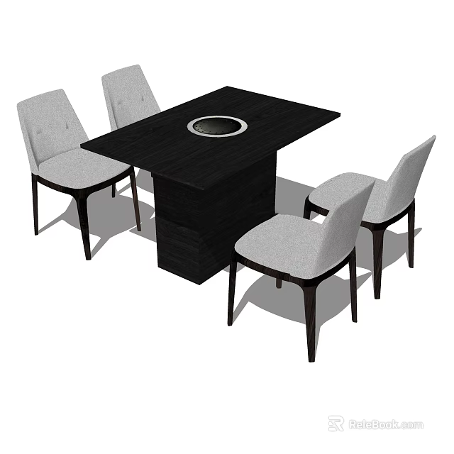 Modern Black Square Dining Table Set with Central Circular Cutout and Four Light Gray Chairs 3d model