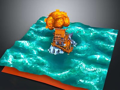 Blue Ocean Waves With Orange Floating Structure And Flaming Plume 3d model