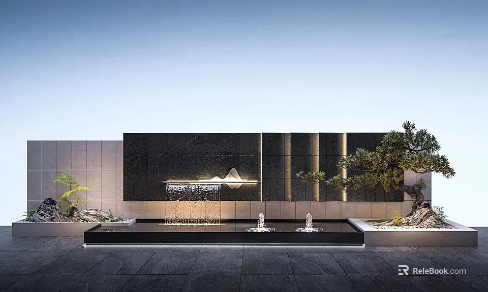 Modern Building Facade With Black Wall Panel Water Fountain And Greenery Design 3d model 