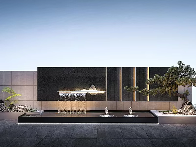 Modern Building Facade With Black Wall Panel Water Fountain And Greenery Design 3d model