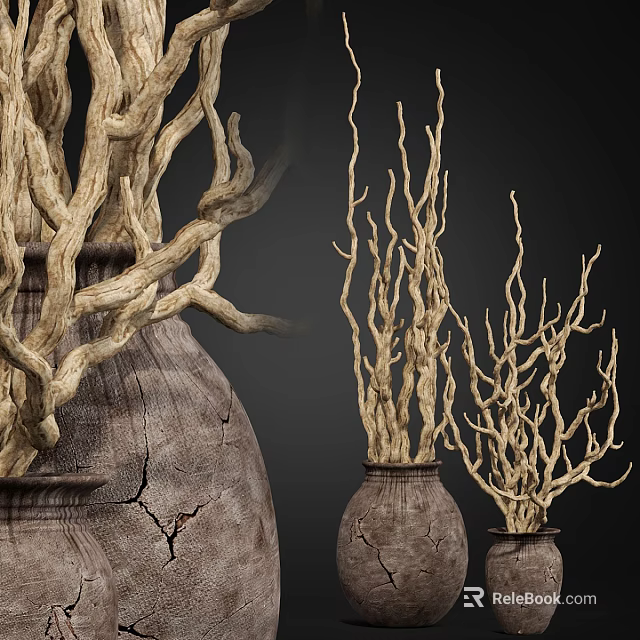 Ceramic Vessels With Dried Branches And Cracked Textured Surfaces 3d model