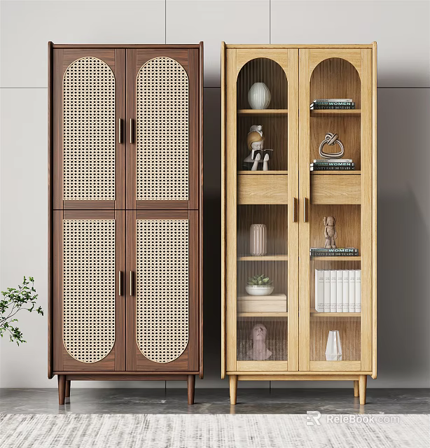 Modern Minimalist Bookcases With Rattan And Glass Doors For Decorations And Books 3d model 