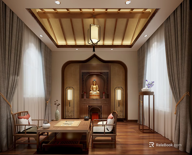 Buddhist Religious Shrine Interior Design With Buddha Statue Chinese Ceiling Lantern And Zen Furniture 3d model 