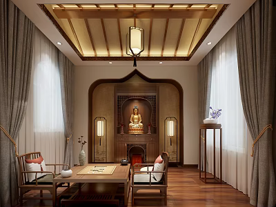 Buddhist Religious Shrine Interior Design With Buddha Statue Chinese Ceiling Lantern And Zen Furniture 3d model