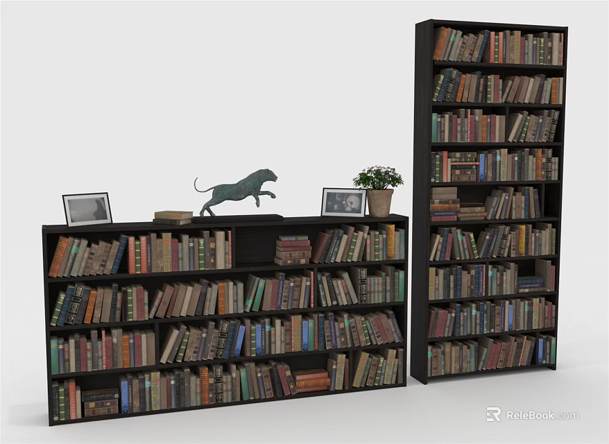 Stylish Wooden Bookcases With Books Photo Frames Cheetah Figurine And Potted Plant 3d model 