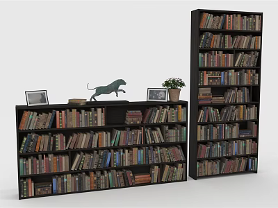 Stylish Wooden Bookcases With Books Photo Frames Cheetah Figurine And Potted Plant 3d model