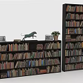 Stylish Wooden Bookcases With Books Photo Frames Cheetah Figurine And Potted Plant