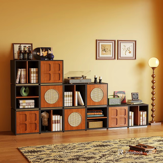 Modern Wooden TV Stand with Multi Tier Storage Decorative Elements Books Vases and Wall Art 3d model 