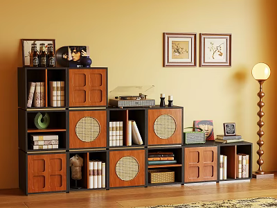 Modern Wooden TV Stand with Multi Tier Storage Decorative Elements Books Vases and Wall Art 3d model