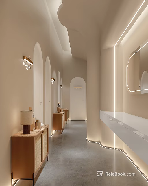 Hotel Corridor With Arched Doorways Recessed Lighting And Wooden Side Cabinets 3d model 