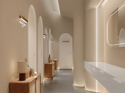 Hotel Corridor With Arched Doorways Recessed Lighting And Wooden Side Cabinets 3d model