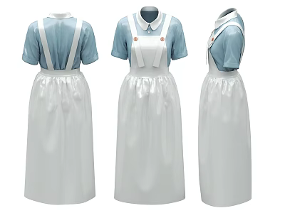 Blue Short Sleeve Uniform Dress With White Suspenders And Collar Front Back Side Views 3d model