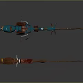 Blue Red And Brown Space Exploration Machinery With Propeller Glowing Lines And Elongated Structure
