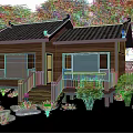 Traditional Wooden Villa With Black Tiled Roof Large Windows Balcony Staircase And Stone Path