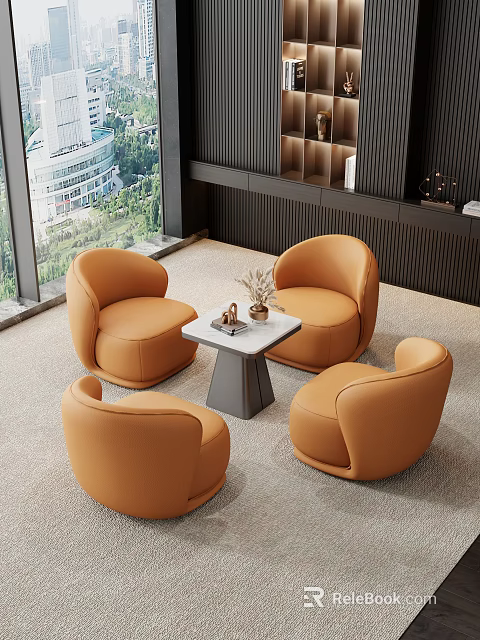 Modern Orange Round Leather Sofa Chairs With White Coffee Table Set In Living Room 3d model 