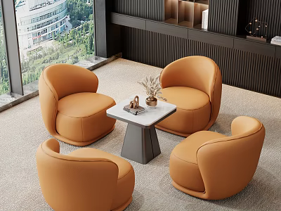 Modern Orange Round Leather Sofa Chairs With White Coffee Table Set In Living Room 3d model