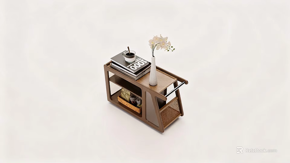 Layered Wooden Coffee Table with Coffee Book Vase and White Flowers on Top 3d model 