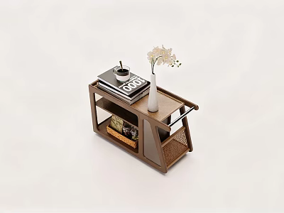 Layered Wooden Coffee Table with Coffee Book Vase and White Flowers on Top 3d model