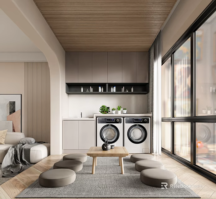 Modern Dining and Living Room Interior With Wooden Ceiling Gray Cabinets And Large Windows 3d model 