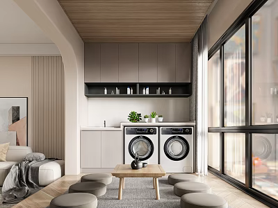 Modern Dining and Living Room Interior With Wooden Ceiling Gray Cabinets And Large Windows 3d model