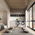 Modern Dining and Living Room Interior With Wooden Ceiling Gray Cabinets And Large Windows